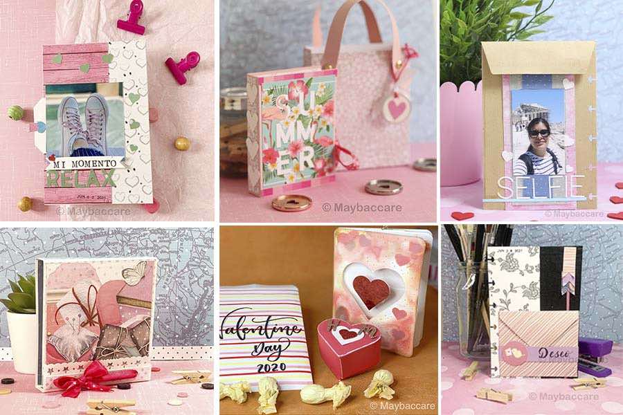 seis fotografias en tonos rosa que muestran diferentes diseños hecho con scrapbooking