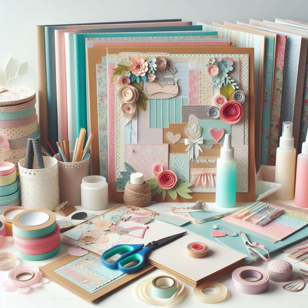 materiales-y-herramientas-de-scrapbooking- sobre-una-mesa